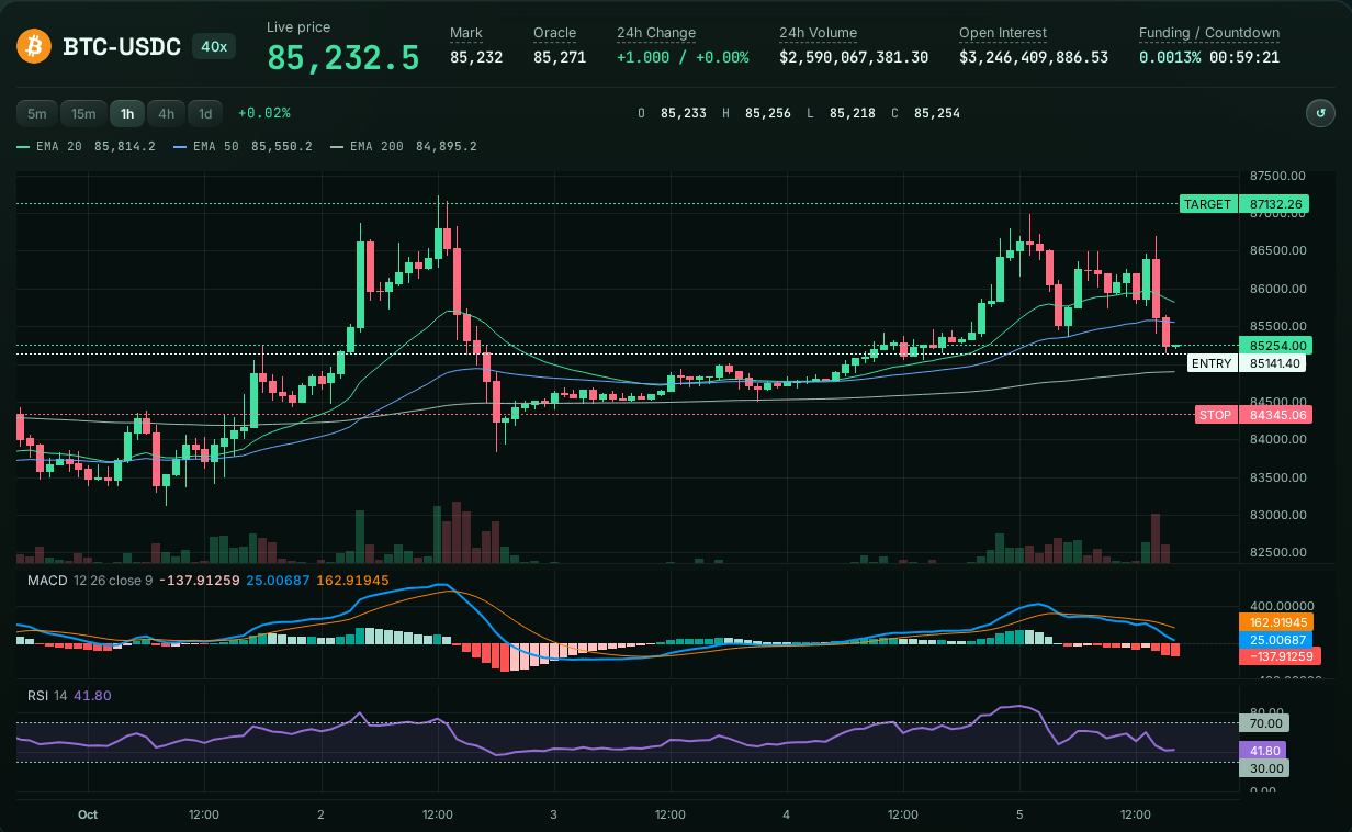 Actual Auto-Pilot BTC chart with candles, EMA, MACD, RSI and planned entry, stop and target lines