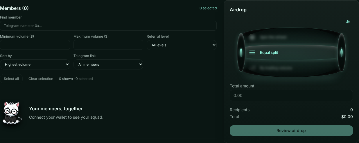 Actual Squad member filters, airdrop selector and review button without a connected wallet